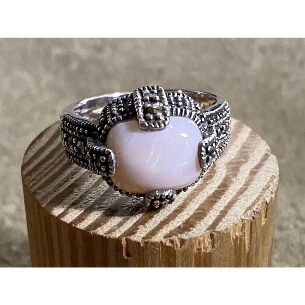 Vintage Sterling Silver Ring Marcasite & Rhodochrosite Gem .925 Size 7.75 7.1 Gr - Picture 7 of 8